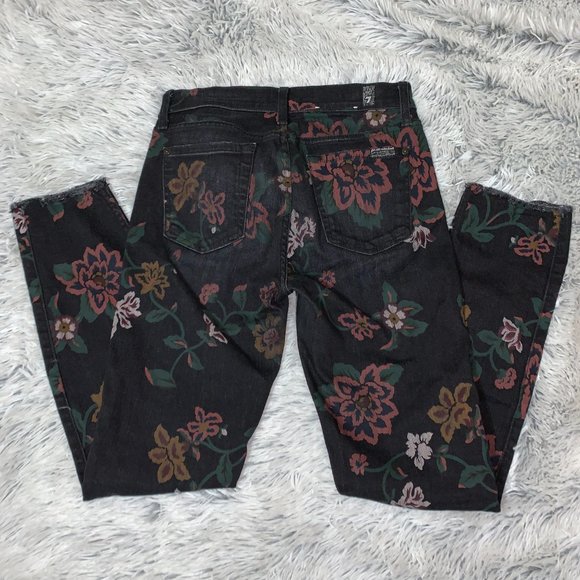 7 FOR ALL MANKIND Roxanne Floral-print Skinny Ankle Jeans W/ Raw Hem  Size: 26 - Picture 4 of 4